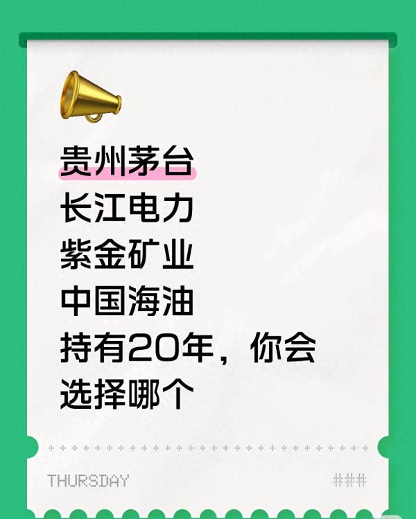 锁仓20年: 茅台、长江电力、紫金、海油, 谁能陪你走到最后?